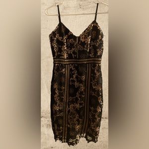 NWT-Le Chateau Nude Pink Beige with Black Lace Crochet overlay Dress.